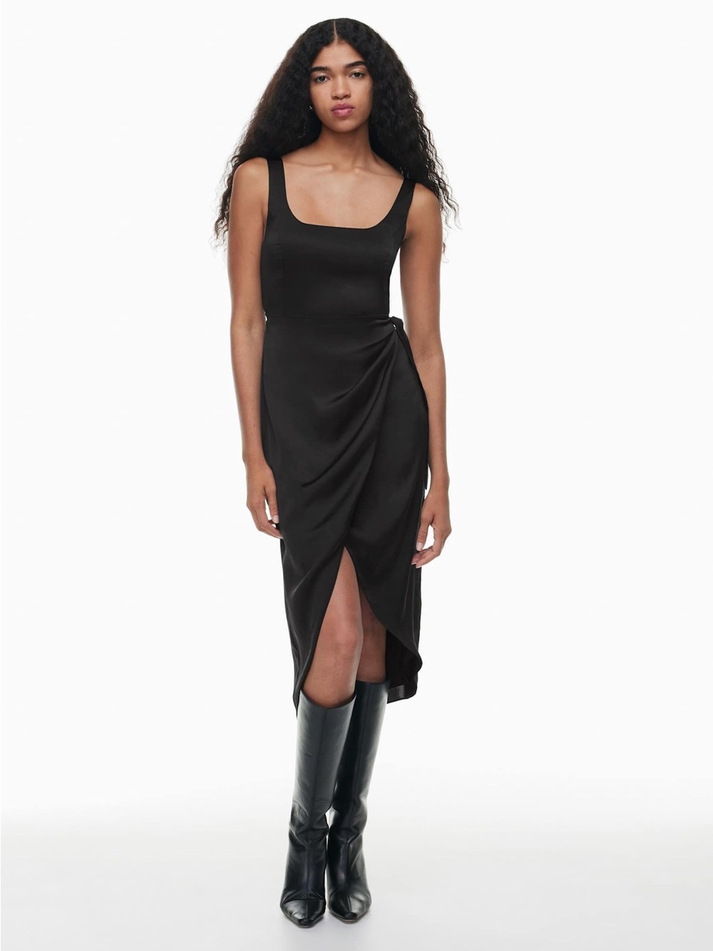 Wilfred Saturn Satin Midi Dress Black Draped Wrap Tie Aritzia Size 8